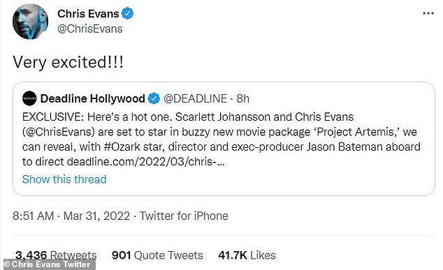 'Very excited!' Scarlett will next executive produce and co-star with her Avengers castmate Chris Evans in Jason Bateman's space race film Project Artemis, which scored a 0M distribution deal with AppleTV+